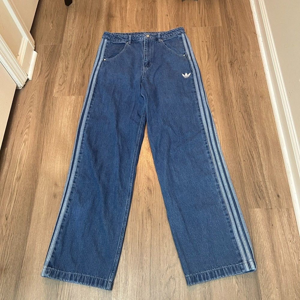Adidas Adicolor Firebird Jeans 32 Blue Wide Leg 3 Stripe Skater Y2K